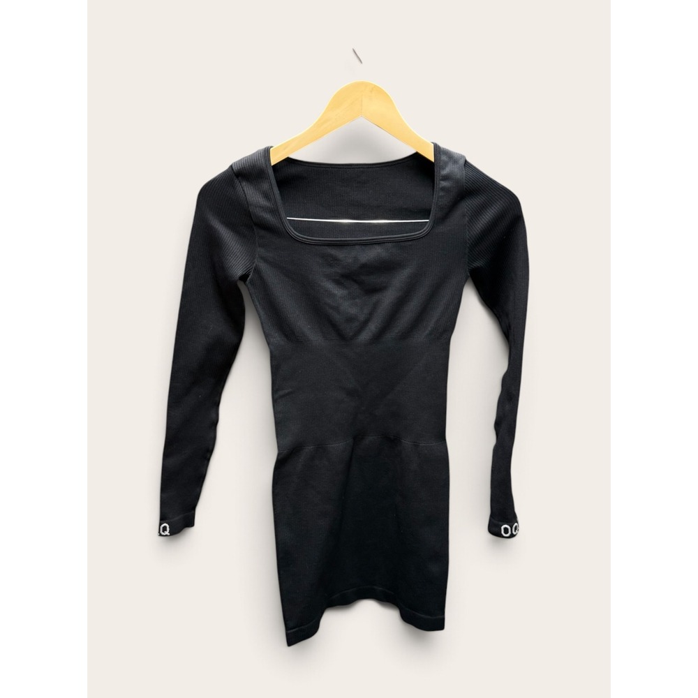 OQQ Womens Black Ribbed Mini Compression Dress Long Sleeve Square Neck Small